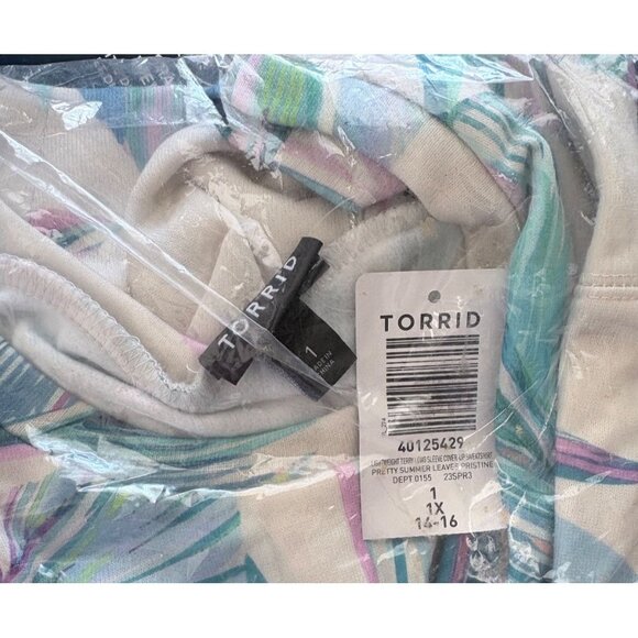 Torrid XL-1 Cream-Teal-Pink Leaf Print Crew Neck Raglan Long Sleeve Sweatshirt - Picture 7 of 7